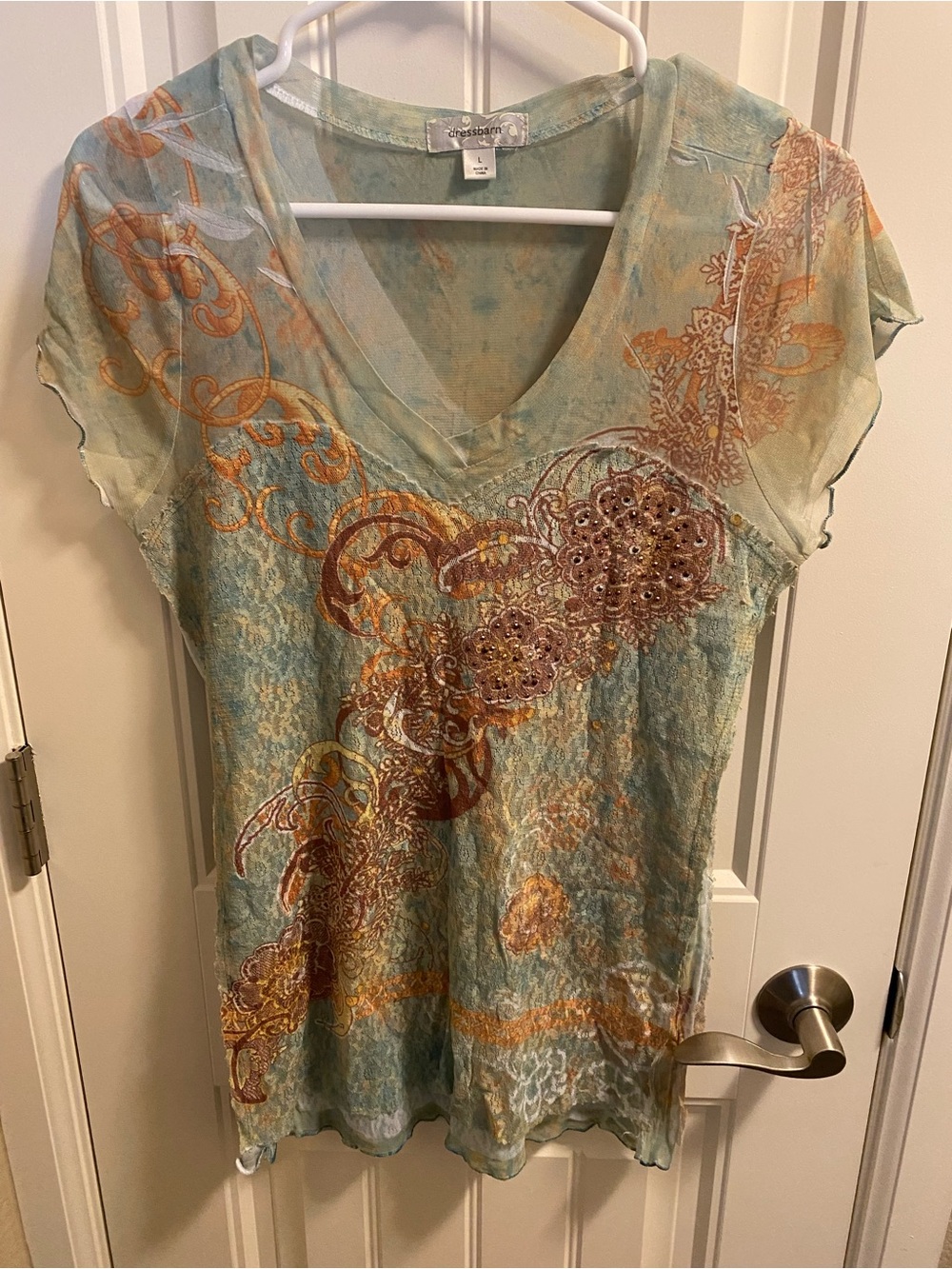 Dressbarn L Top Sublimation Style Rhinestone Nylon Blouse Large Lg Shirt